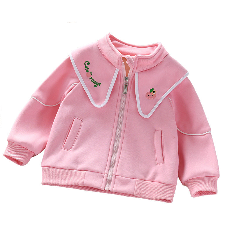 Baby girl coat featuring embroidered lapel design in solid pink and grey colors, made from high-quality cotton fabric.