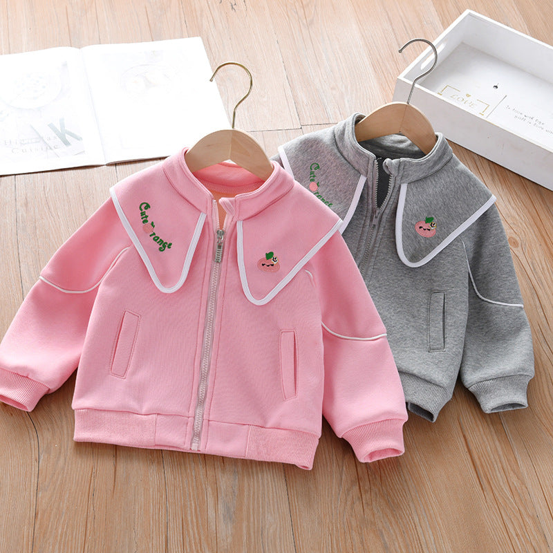 Baby girl coat featuring embroidered lapel design in solid pink and grey colors, made from high-quality cotton fabric.