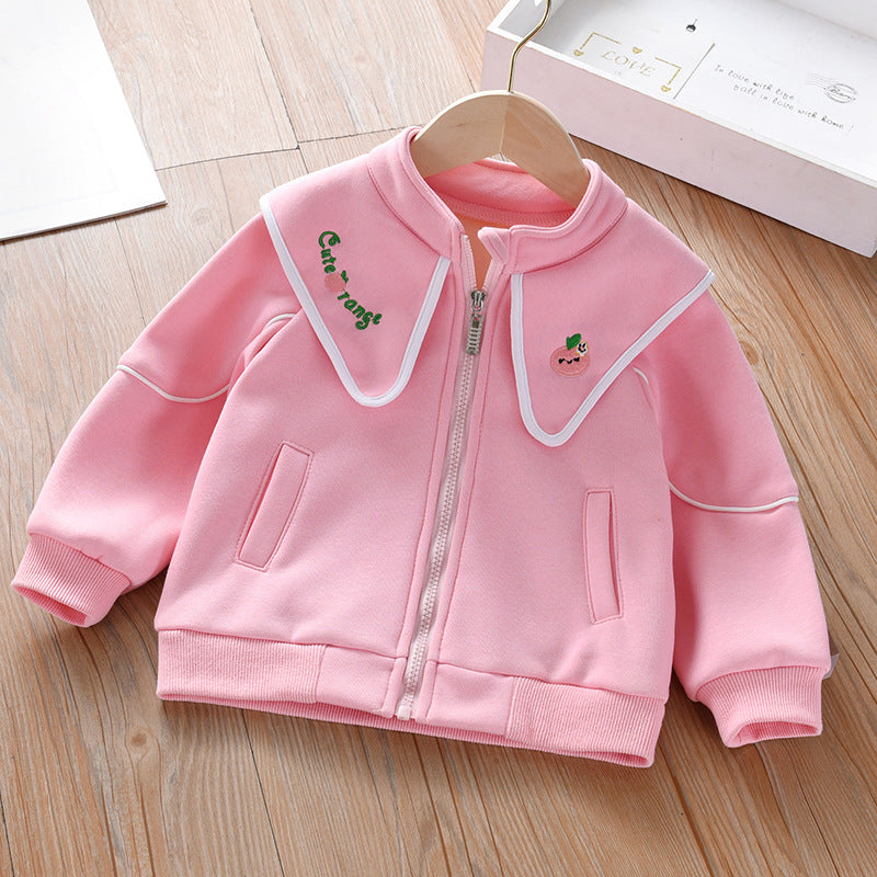 Baby girl coat featuring embroidered lapel design in solid pink and grey colors, made from high-quality cotton fabric.
