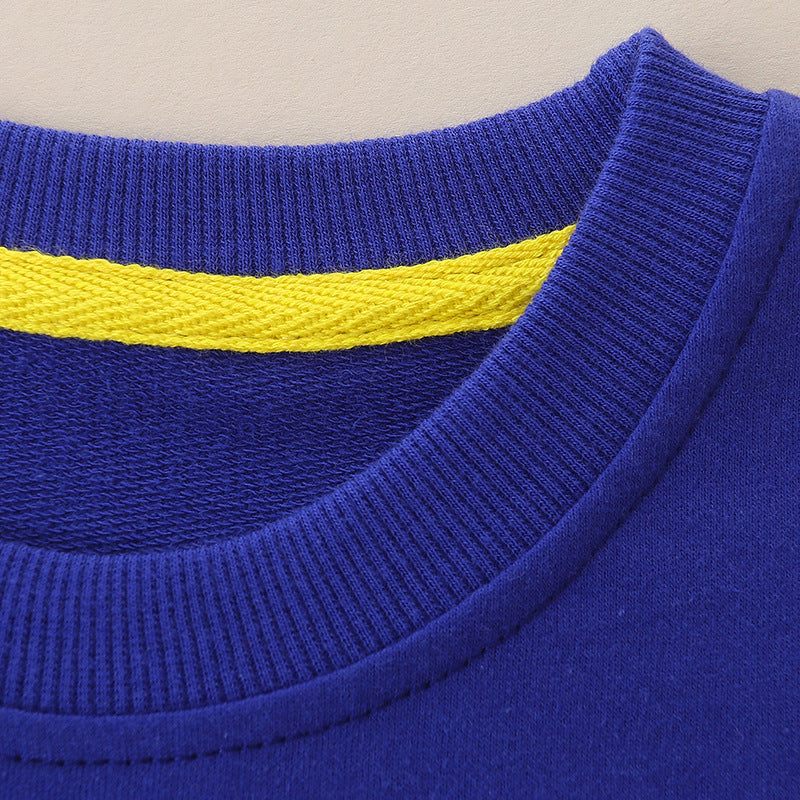 Baby girl wearing a blue embroidered pattern long sleeve cotton hoodie with floral and cartoon designs.