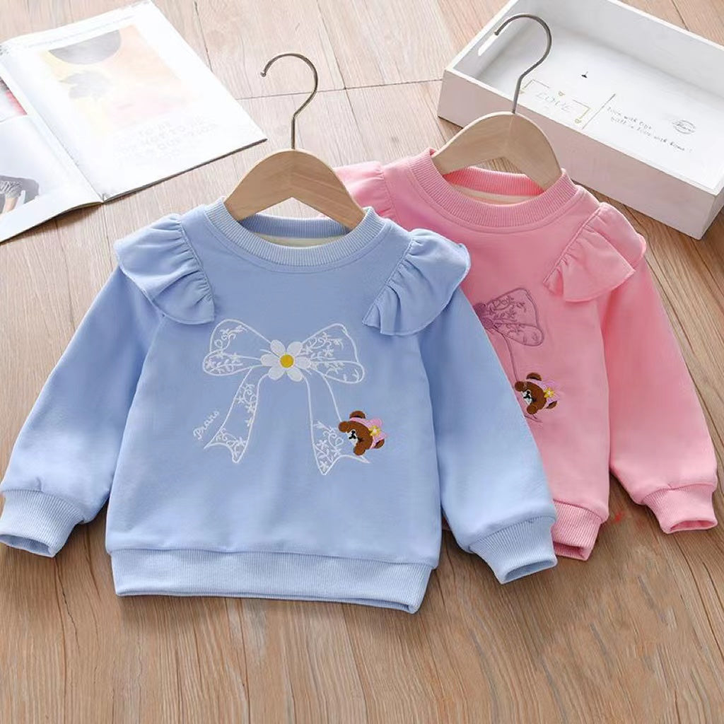 A cozy baby girl hoodie featuring an embroidered pattern and ruffle design, available in pink and blue colors.