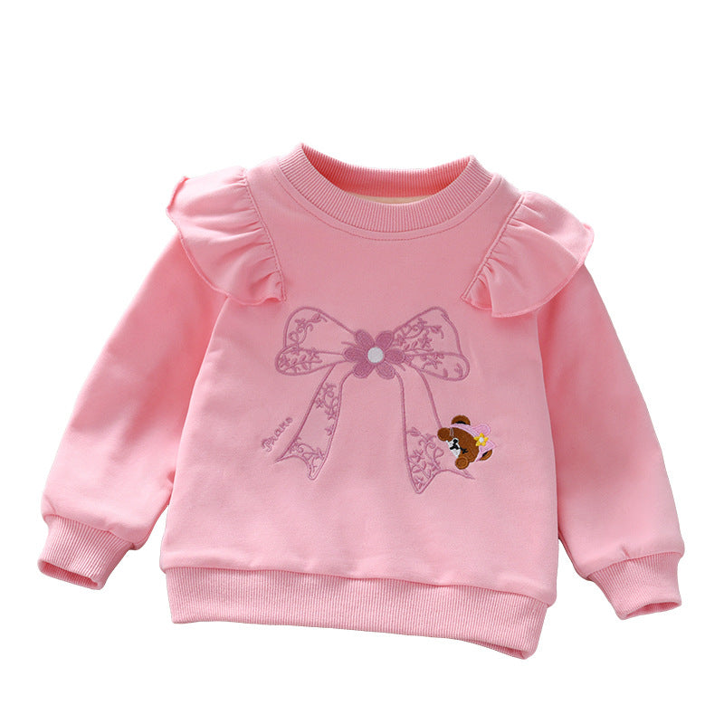 A cozy baby girl hoodie featuring an embroidered pattern and ruffle design, available in pink and blue colors.