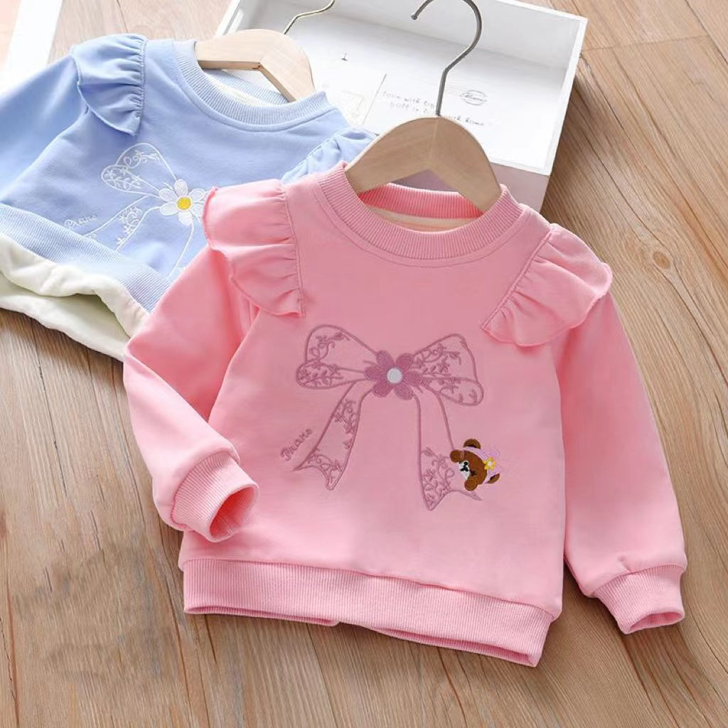 A cozy baby girl hoodie featuring an embroidered pattern and ruffle design, available in pink and blue colors.