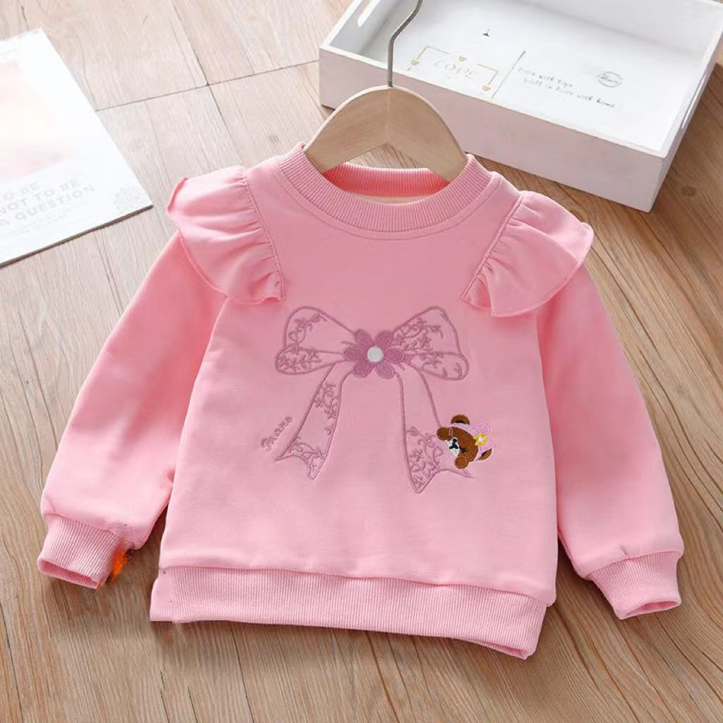 A cozy baby girl hoodie featuring an embroidered pattern and ruffle design, available in pink and blue colors.