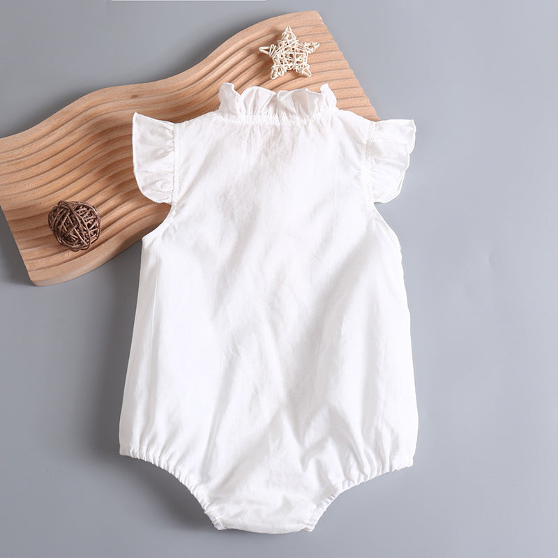 Adorable baby girl sleeveless onesie with embroidery pattern and bow decorations in white color.