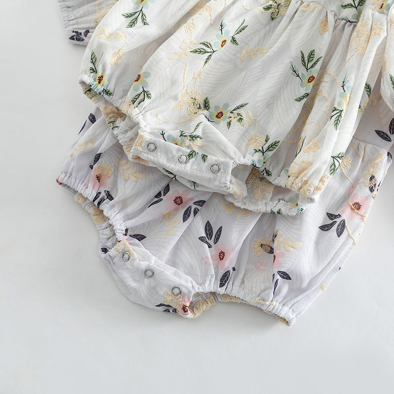 Baby girl floral embroidered bodysuit with square collar in pink and green colors, made from soft cotton fabric.