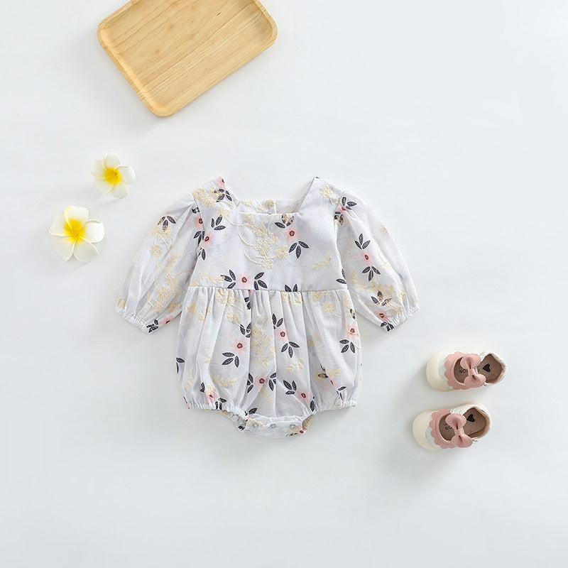 Baby girl floral embroidered bodysuit with square collar in pink and green colors, made from soft cotton fabric.
