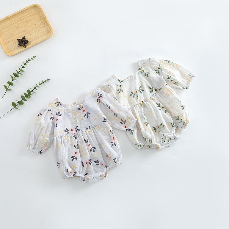 Baby girl floral embroidered bodysuit with square collar in pink and green colors, made from soft cotton fabric.