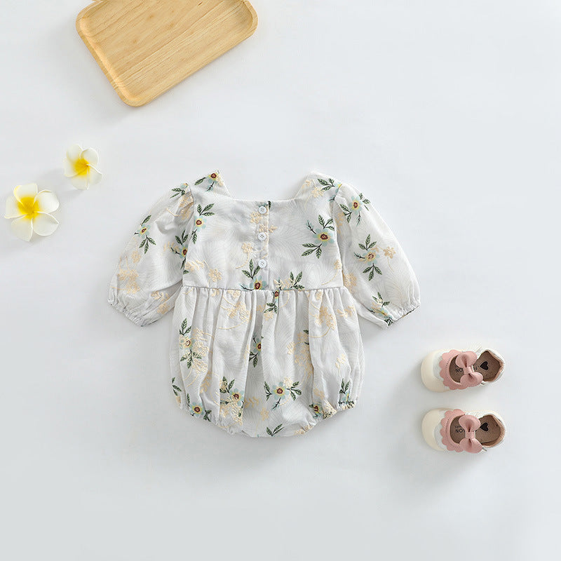 Baby girl floral embroidered bodysuit with square collar in pink and green colors, made from soft cotton fabric.