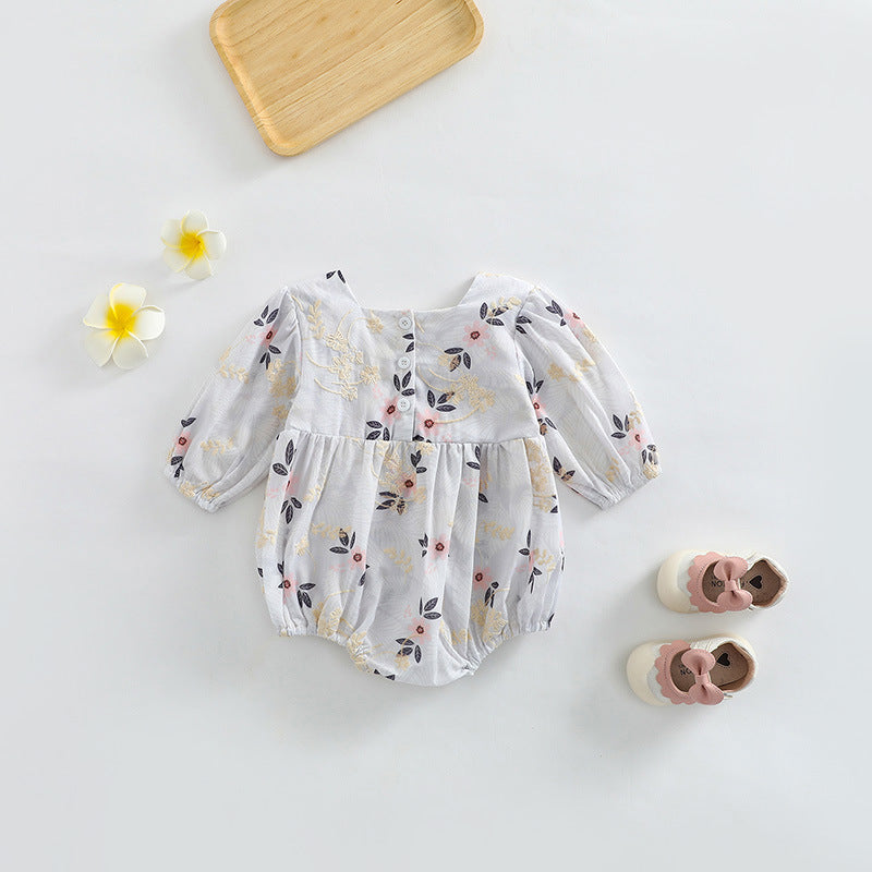 Baby girl floral embroidered bodysuit with square collar in pink and green colors, made from soft cotton fabric.