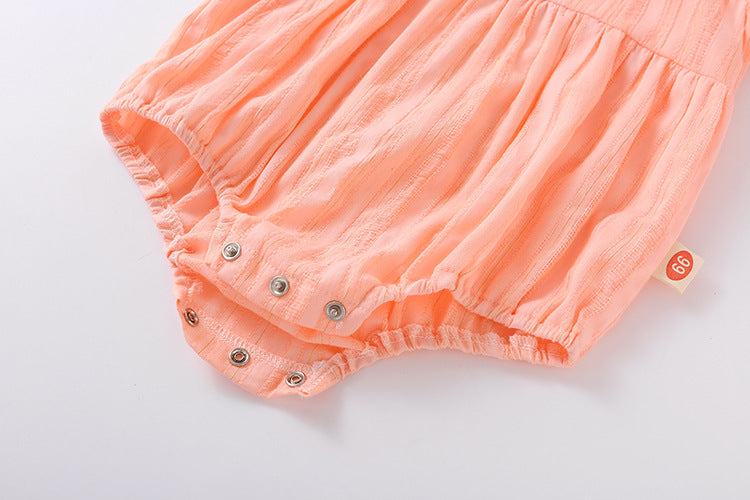 Baby girl onesie featuring floral embroidery design in pink, yellow, and beige colors, perfect for summer wear.