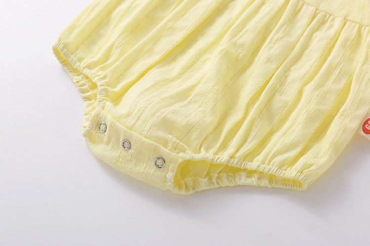 Baby girl onesie featuring floral embroidery design in pink, yellow, and beige colors, perfect for summer wear.