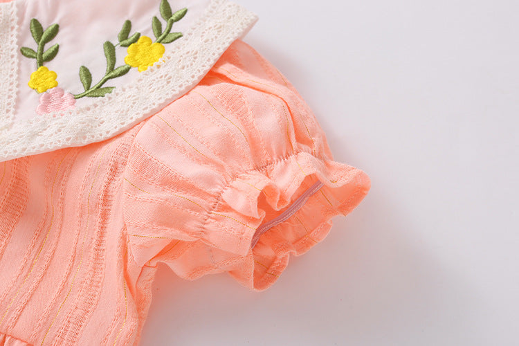 Baby girl onesie featuring floral embroidery design in pink, yellow, and beige colors, perfect for summer wear.