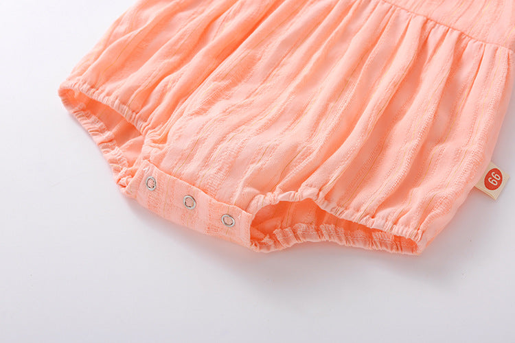 Baby girl onesie featuring floral embroidery design in pink, yellow, and beige colors, perfect for summer wear.