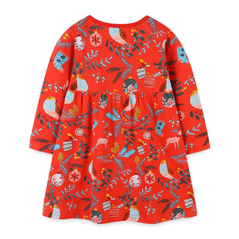 A vibrant red long sleeve A-line dress for baby girls featuring a floral graphic design, perfect for Christmas celebrations.