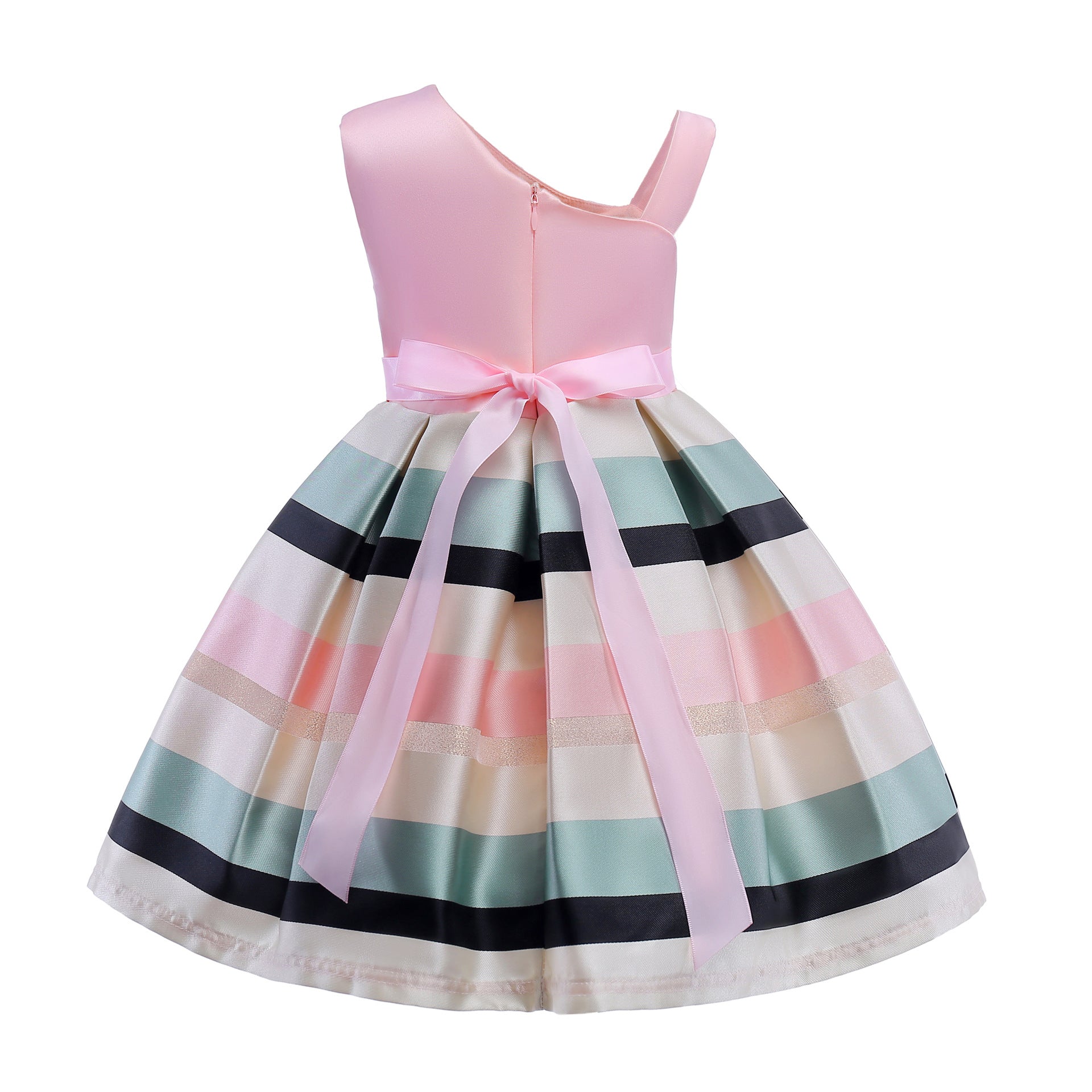 Baby Girl Floral Patched Pattern Striped Tutu Princess Dress featuring a one-shoulder design, colorful floral patches, and a tulle tutu in pink shades.