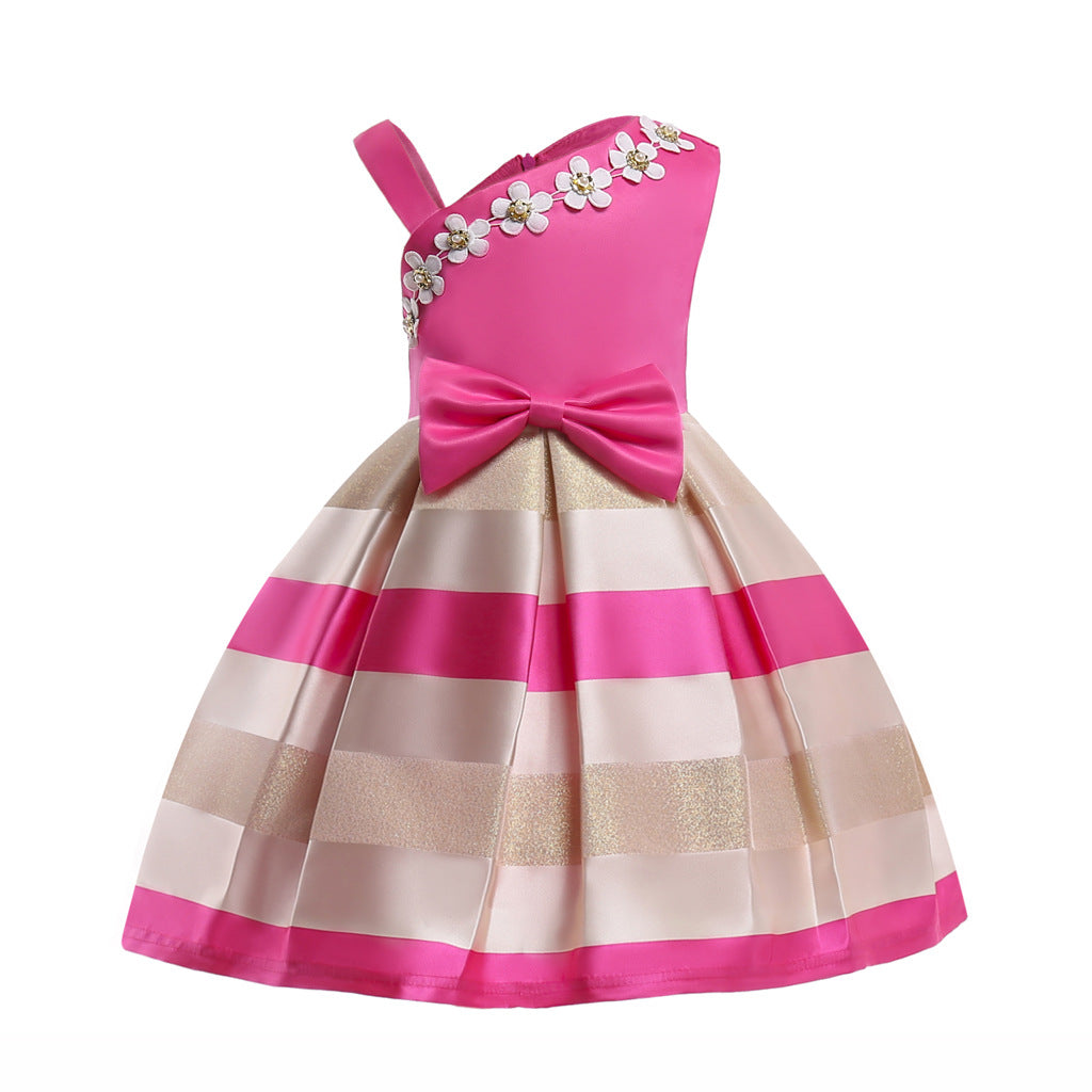 Baby Girl Floral Patched Pattern Striped Tutu Princess Dress featuring a one-shoulder design, colorful floral patches, and a tulle tutu in pink shades.