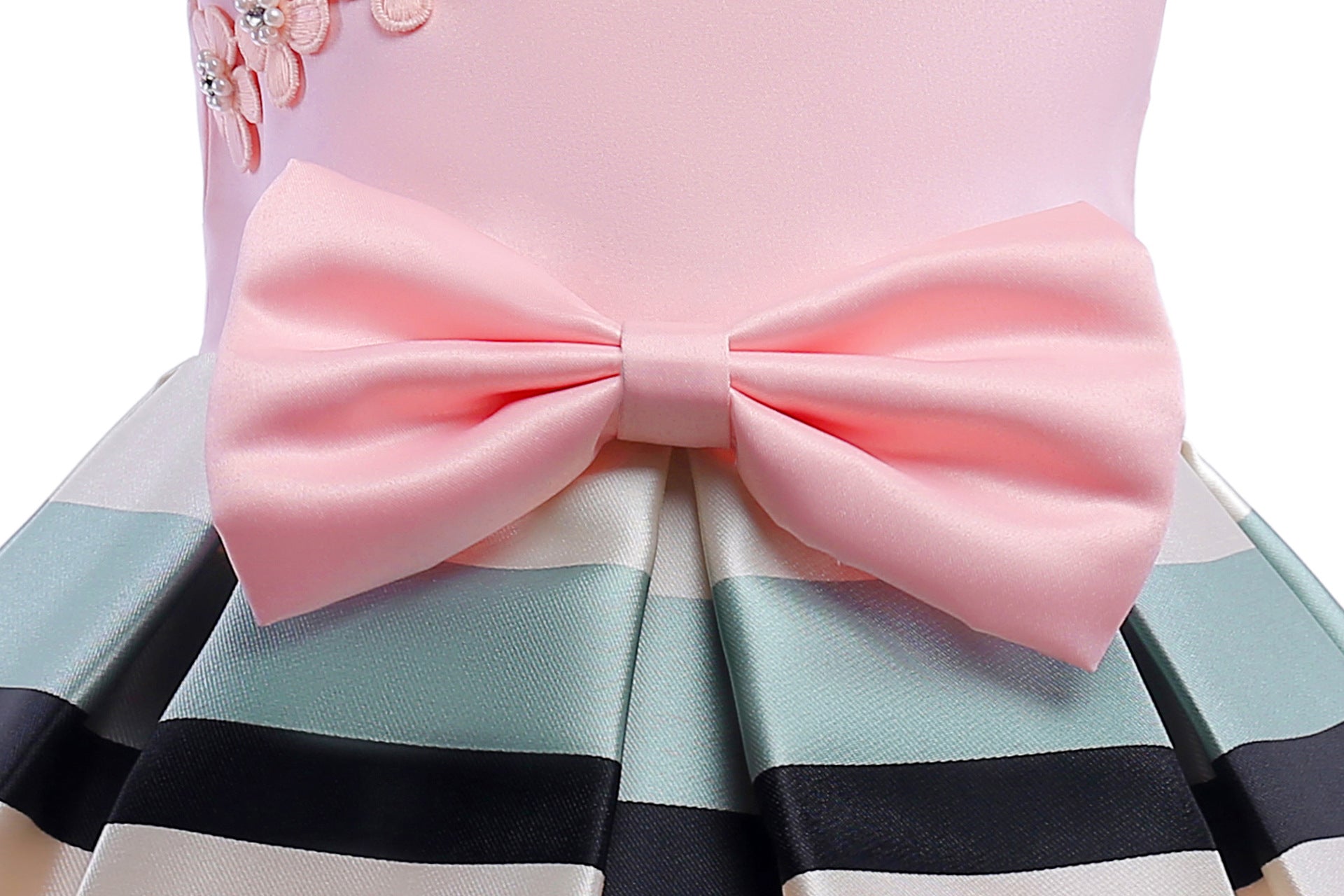 Baby Girl Floral Patched Pattern Striped Tutu Princess Dress featuring a one-shoulder design, colorful floral patches, and a tulle tutu in pink shades.