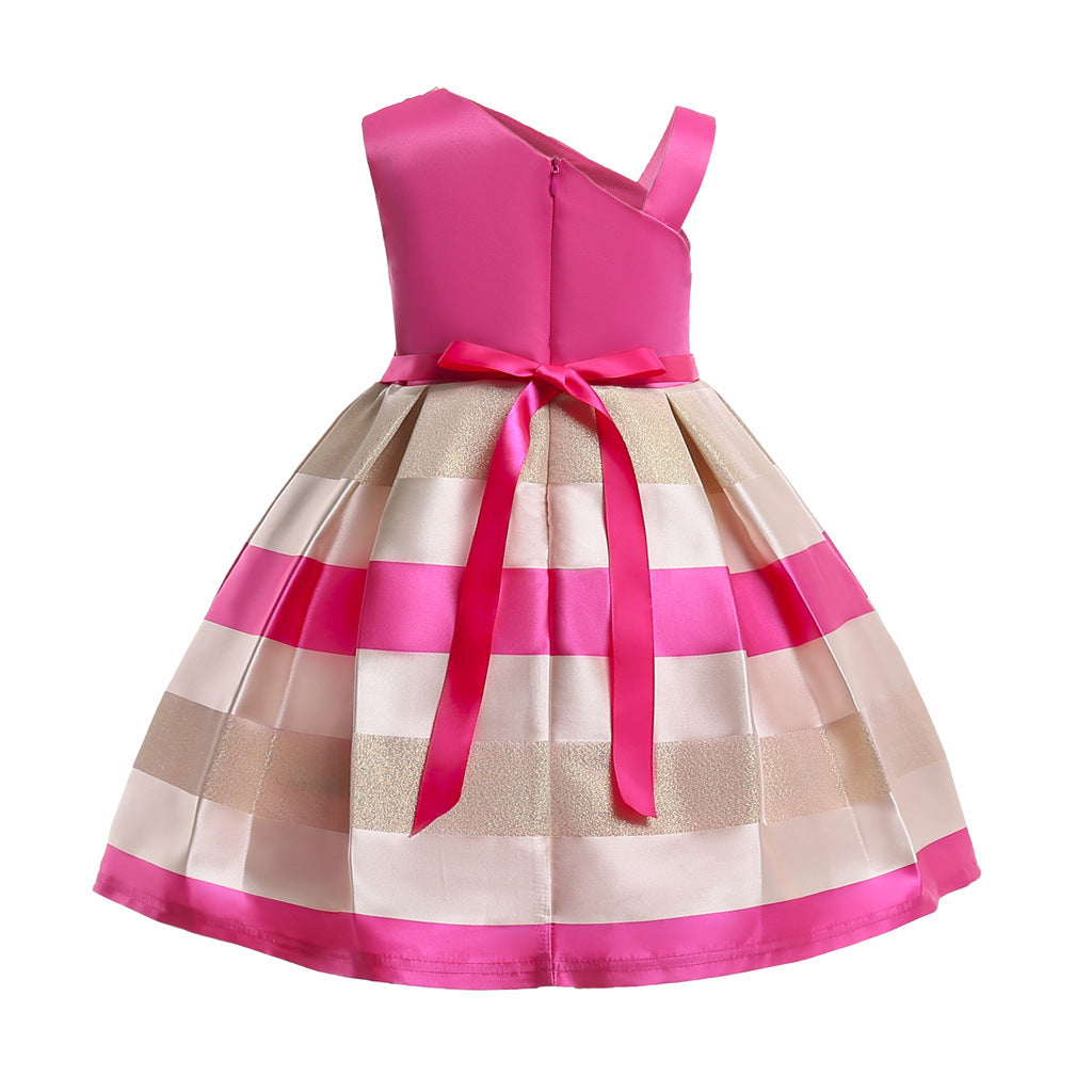 Baby Girl Floral Patched Pattern Striped Tutu Princess Dress featuring a one-shoulder design, colorful floral patches, and a tulle tutu in pink shades.