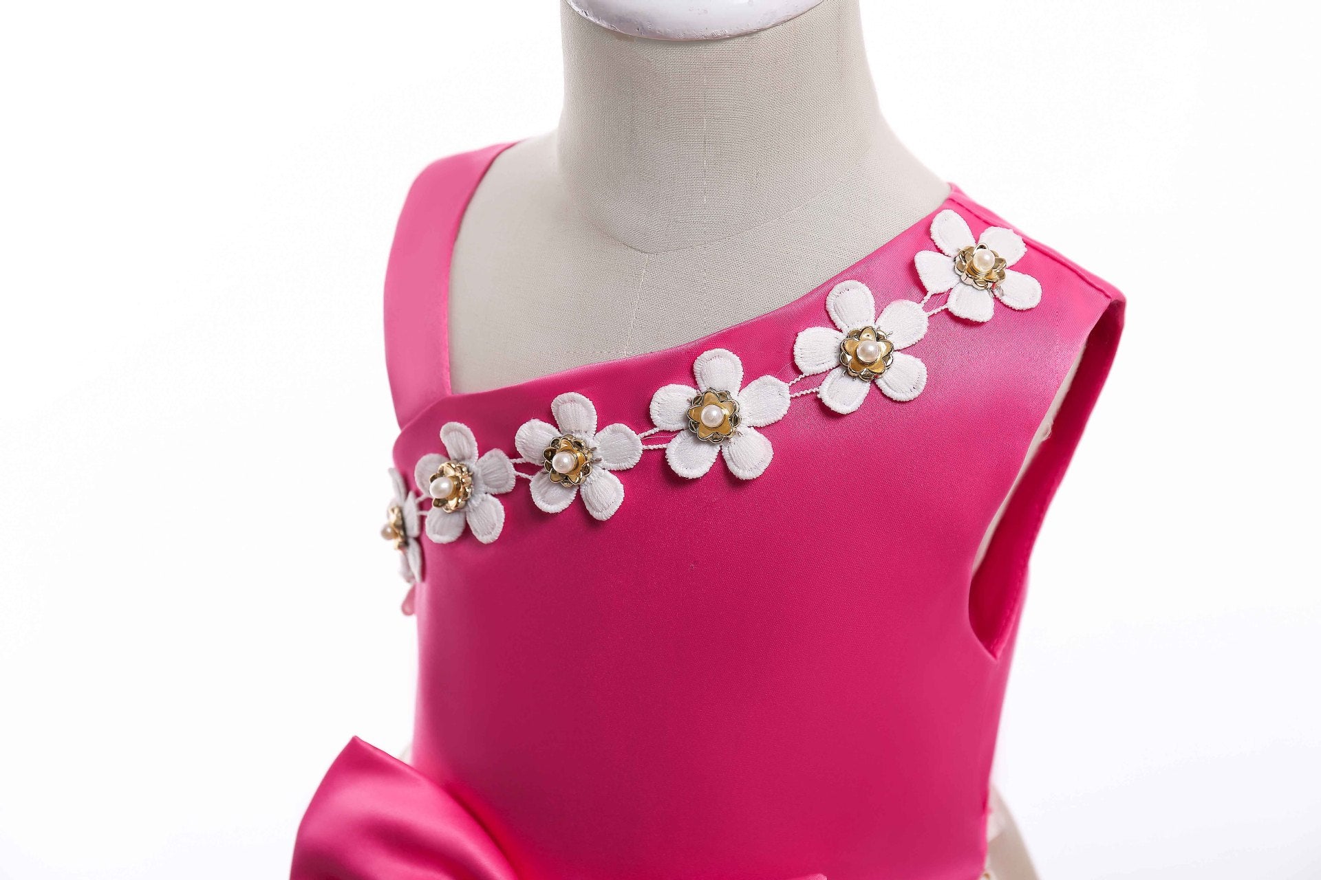 Baby Girl Floral Patched Pattern Striped Tutu Princess Dress featuring a one-shoulder design, colorful floral patches, and a tulle tutu in pink shades.