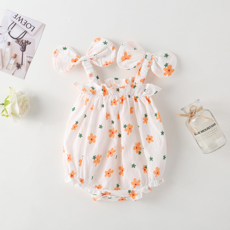 Baby girl floral pattern bow-tie sleeveless onesie in orange with matching sun hat, perfect for summer outings.