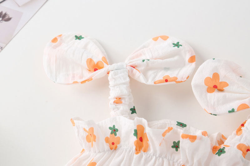 Baby girl floral pattern bow-tie sleeveless onesie in orange with matching sun hat, perfect for summer outings.