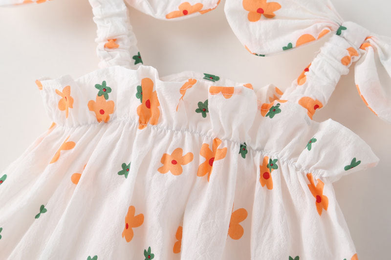 Baby girl floral pattern bow-tie sleeveless onesie in orange with matching sun hat, perfect for summer outings.