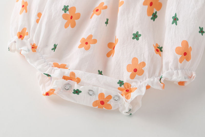 Baby girl floral pattern bow-tie sleeveless onesie in orange with matching sun hat, perfect for summer outings.