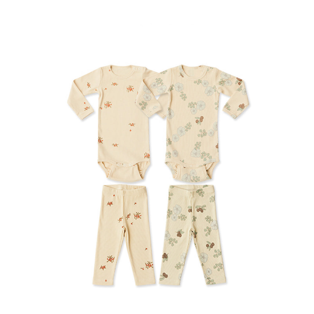 Baby girl floral pattern cotton onesie set featuring a soft onesie and matching pants in green and apricot colors.