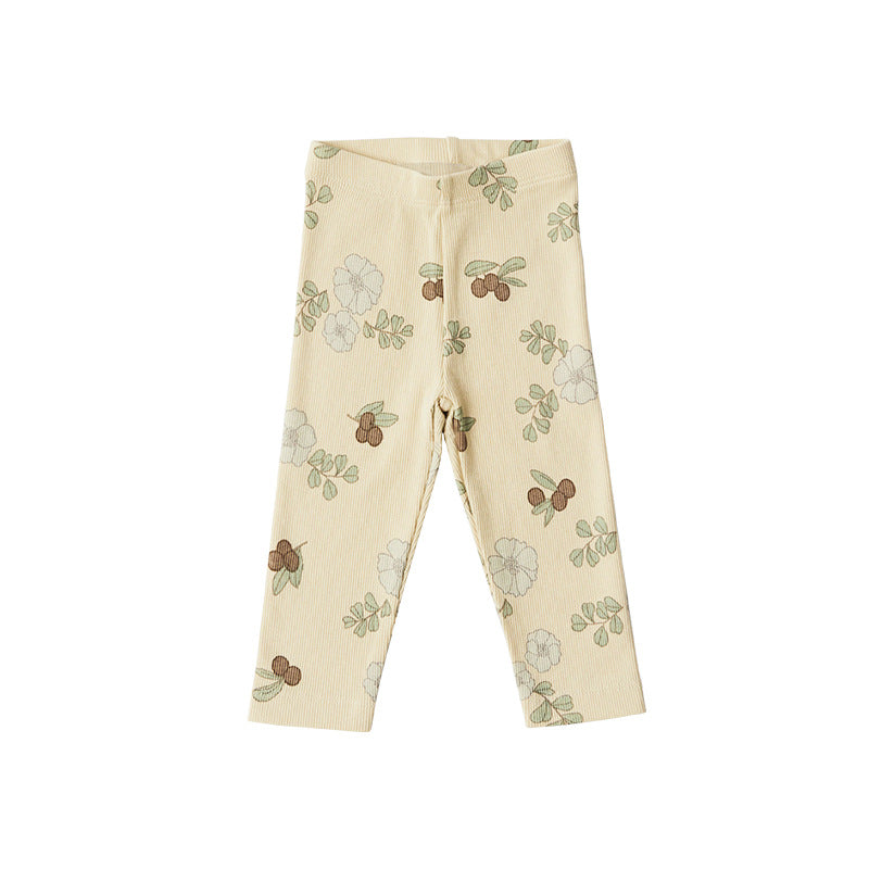Baby girl floral pattern cotton onesie set featuring a soft onesie and matching pants in green and apricot colors.
