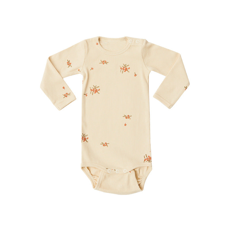 Baby girl floral pattern cotton onesie set featuring a soft onesie and matching pants in green and apricot colors.