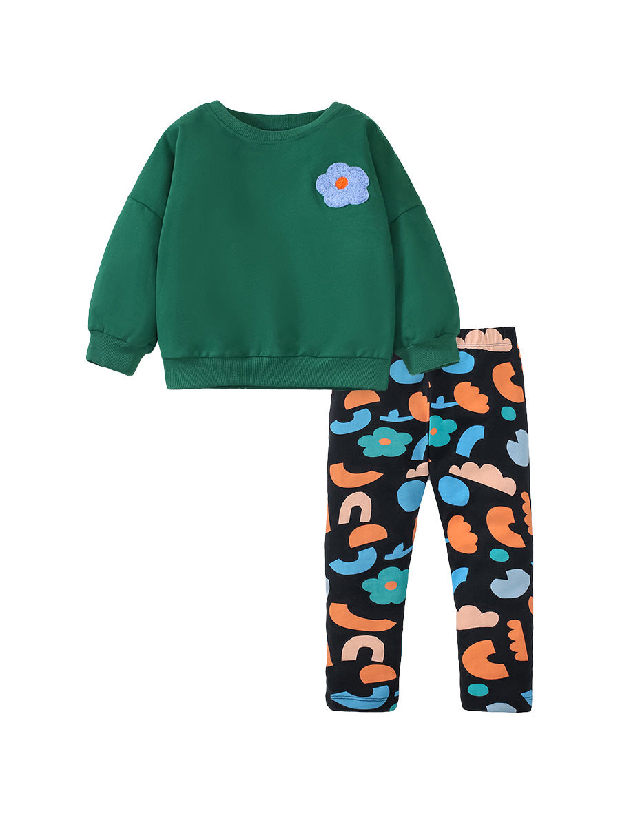Baby girl floral pattern pullover with long pants set in green, featuring a charming floral design suitable for toddlers.