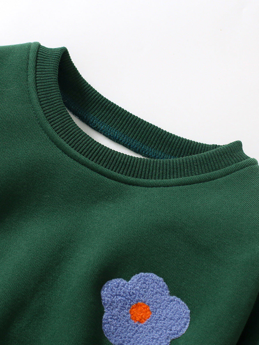 Baby girl floral pattern pullover with long pants set in green, featuring a charming floral design suitable for toddlers.