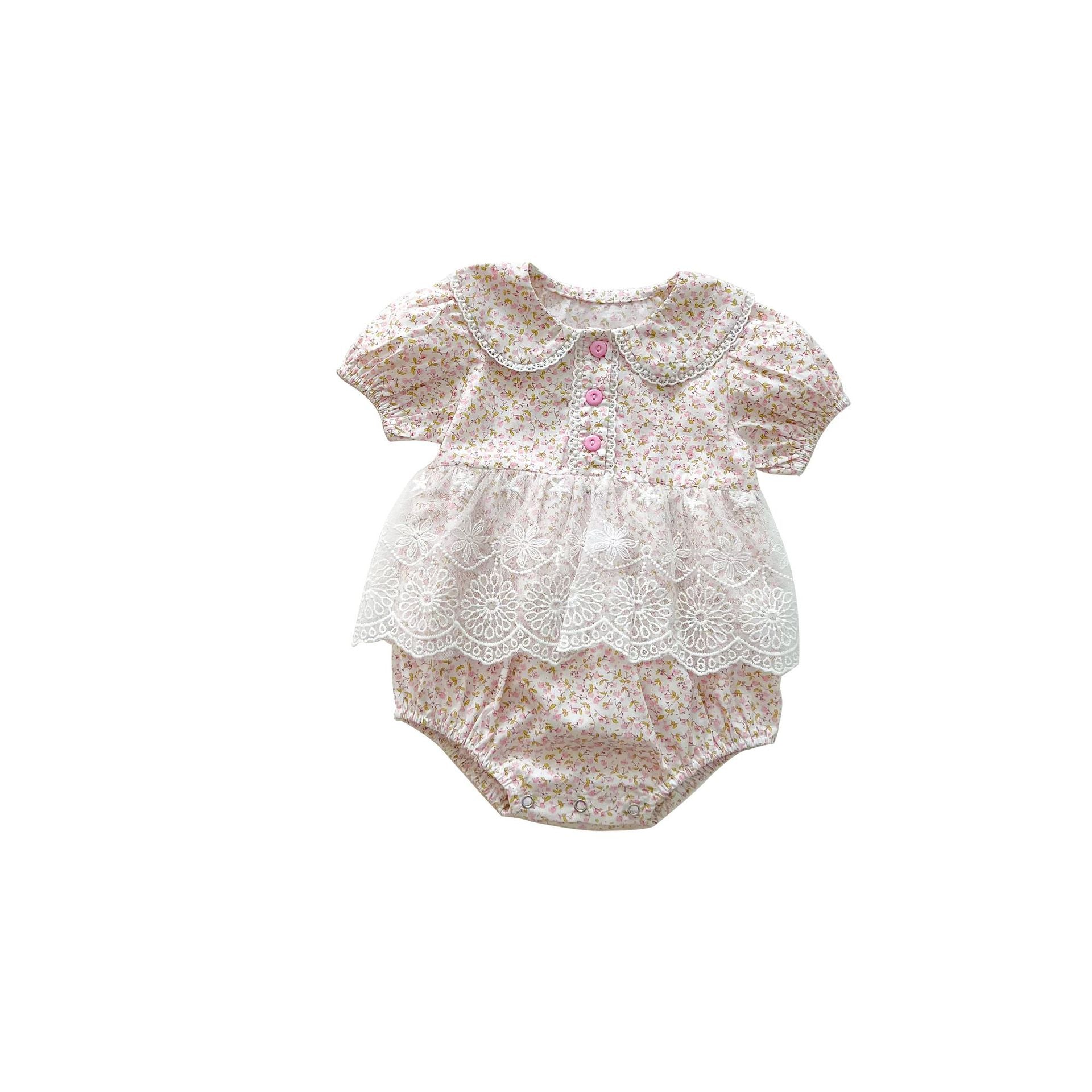 Baby girl floral pattern onesies dress with mesh patches in pink and yellow, perfect for summer wear.