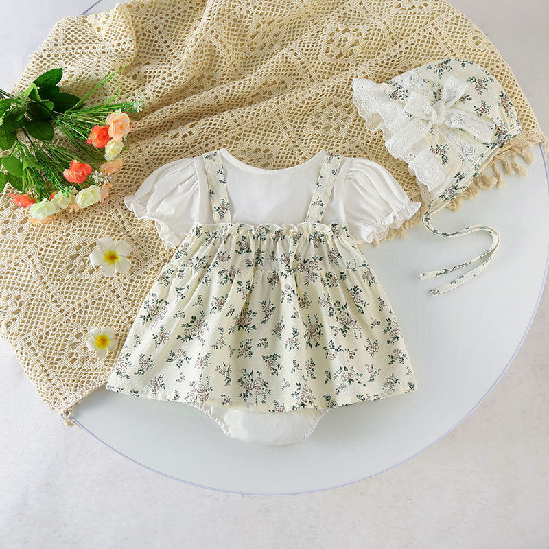 Baby girl floral pattern round neck short sleeve onesies dress in white, featuring vibrant flowers and a comfortable fit.