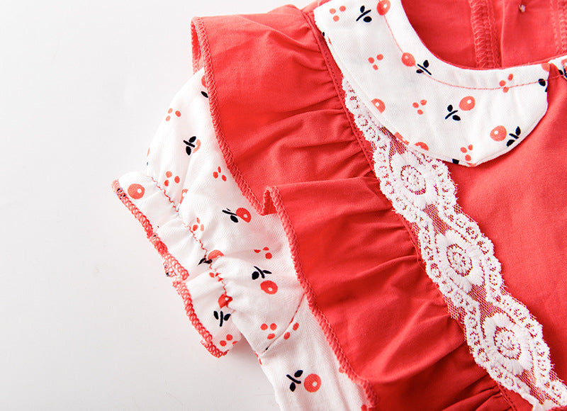 Baby girl onesie featuring floral print, lace patchwork, and ruffle design in vibrant red color.
