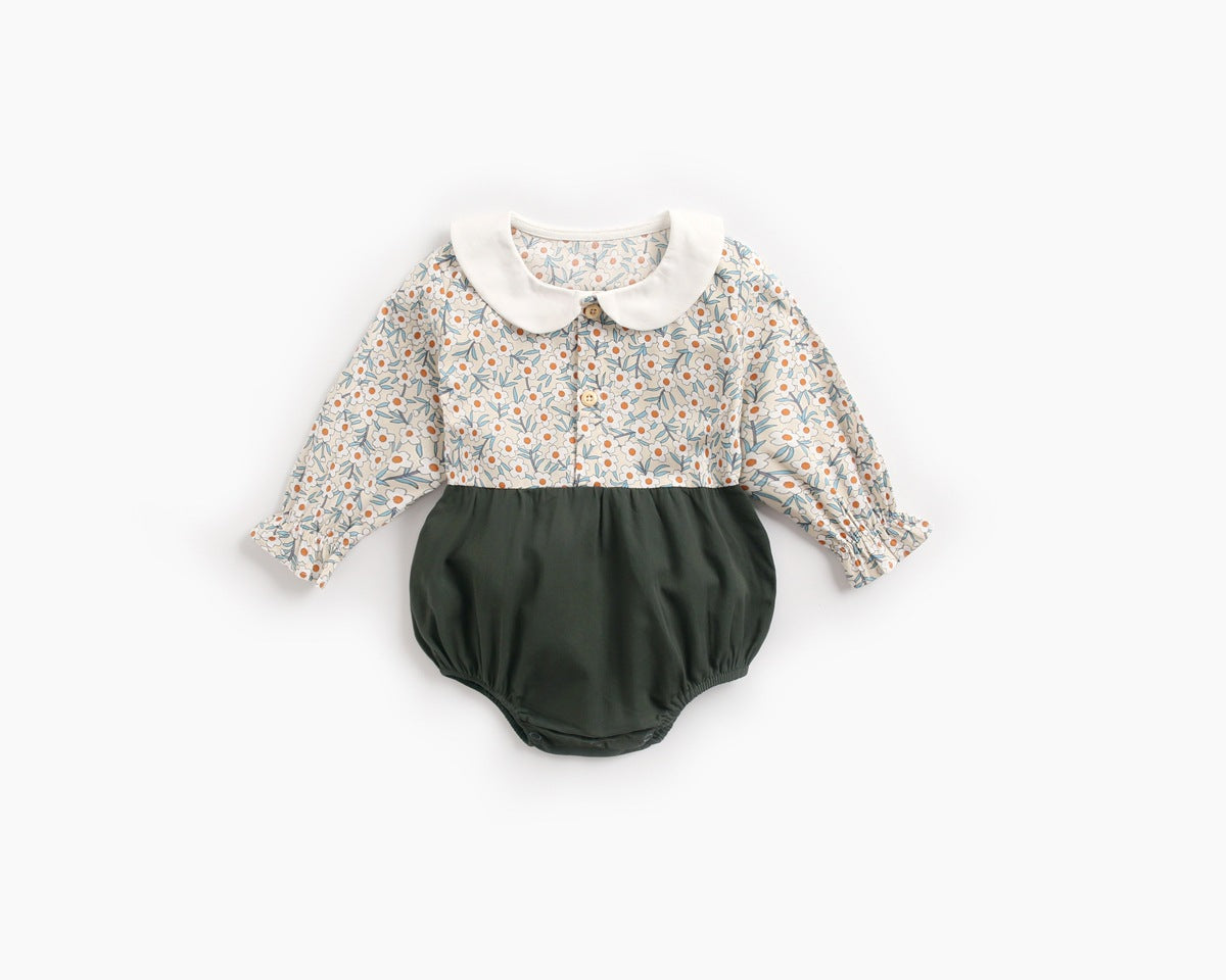 Baby girl floral print onesie with color blocking design, featuring long sleeves and a round collar, made from soft cotton fabric.