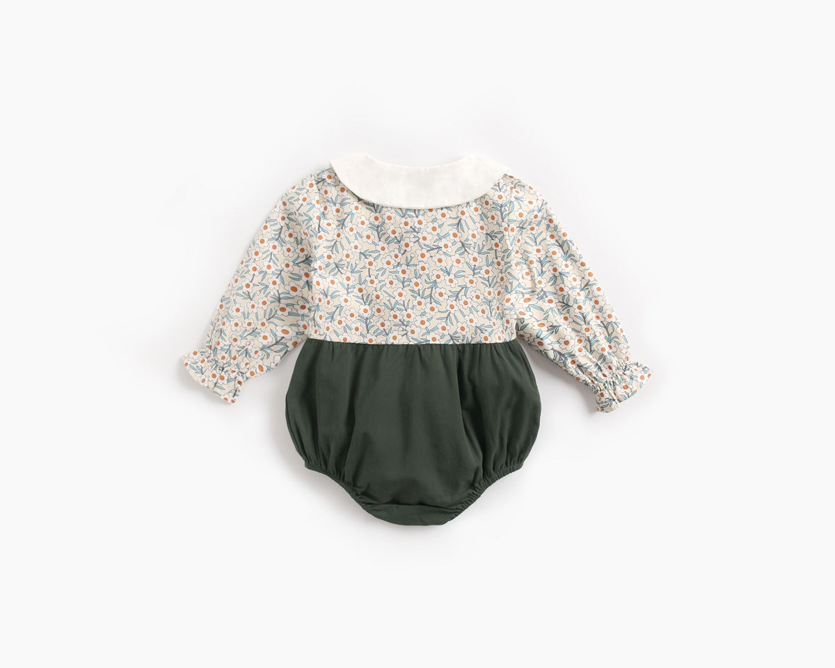 Baby girl floral print onesie with color blocking design, featuring long sleeves and a round collar, made from soft cotton fabric.