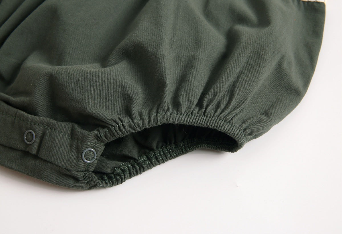 Baby girl floral print onesie with color blocking design, featuring long sleeves and a round collar, made from soft cotton fabric.