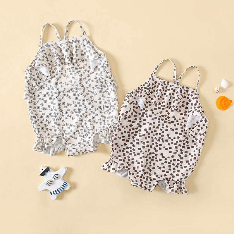 Baby girl floral print sling swimsuit onesies with lace design in beige and coffee colors, perfect for summer.