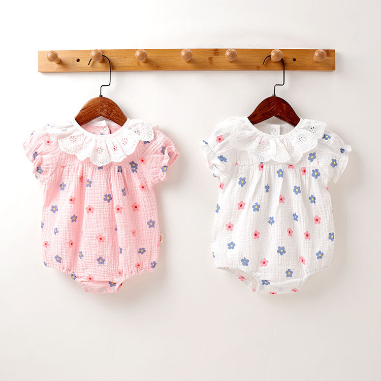 Baby girl floral print onesies with ruffles collar in white and pink, perfect for summer wear.