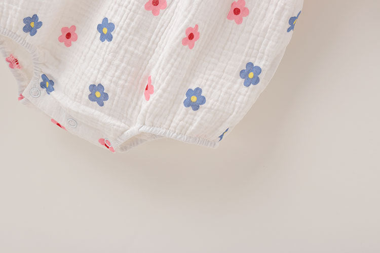 Baby girl floral print onesies with ruffles collar in white and pink, perfect for summer wear.