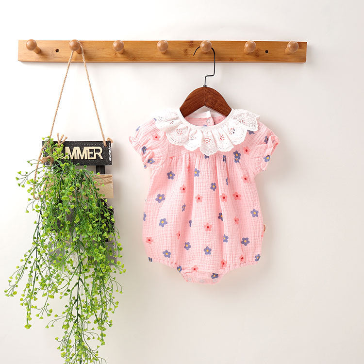 Baby girl floral print onesies with ruffles collar in white and pink, perfect for summer wear.