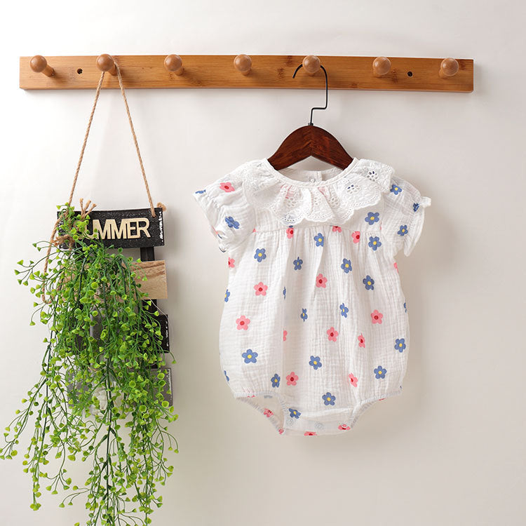 Baby girl floral print onesies with ruffles collar in white and pink, perfect for summer wear.