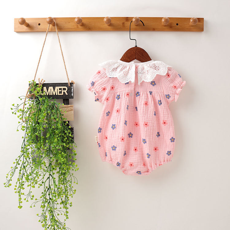 Baby girl floral print onesies with ruffles collar in white and pink, perfect for summer wear.