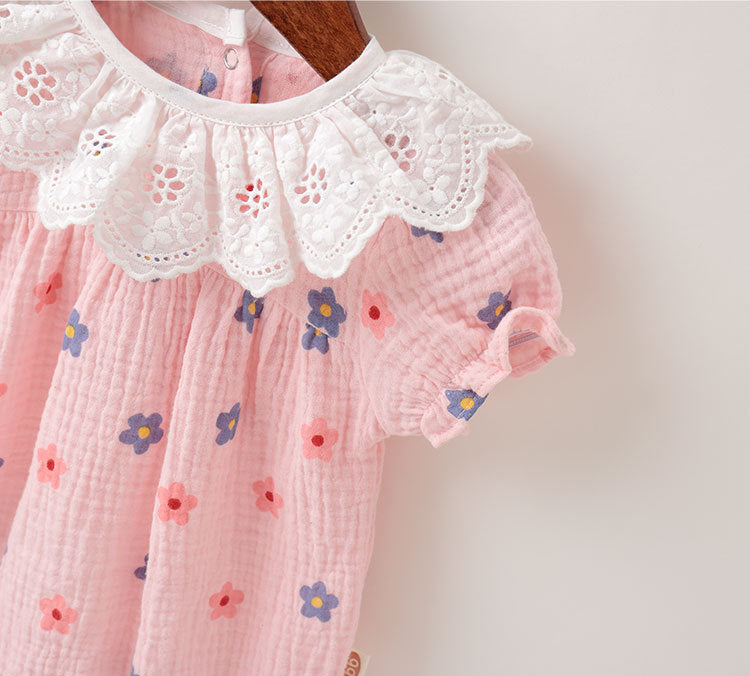 Baby girl floral print onesies with ruffles collar in white and pink, perfect for summer wear.