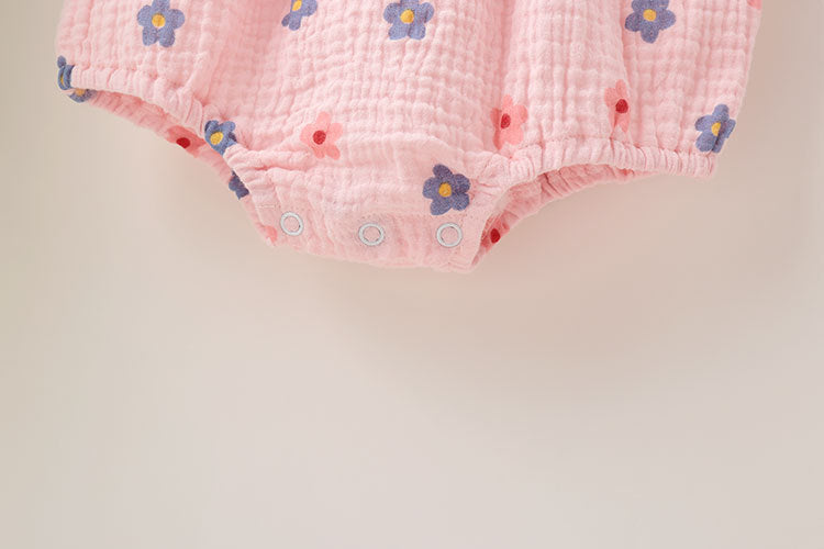 Baby girl floral print onesies with ruffles collar in white and pink, perfect for summer wear.