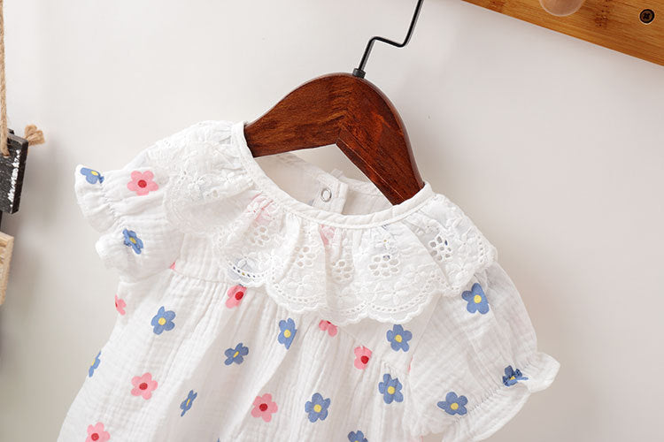 Baby girl floral print onesies with ruffles collar in white and pink, perfect for summer wear.