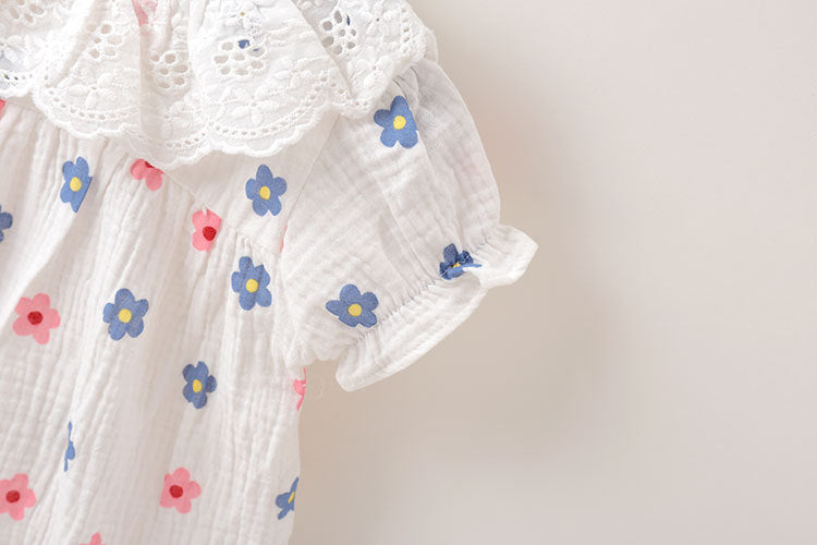 Baby girl floral print onesies with ruffles collar in white and pink, perfect for summer wear.