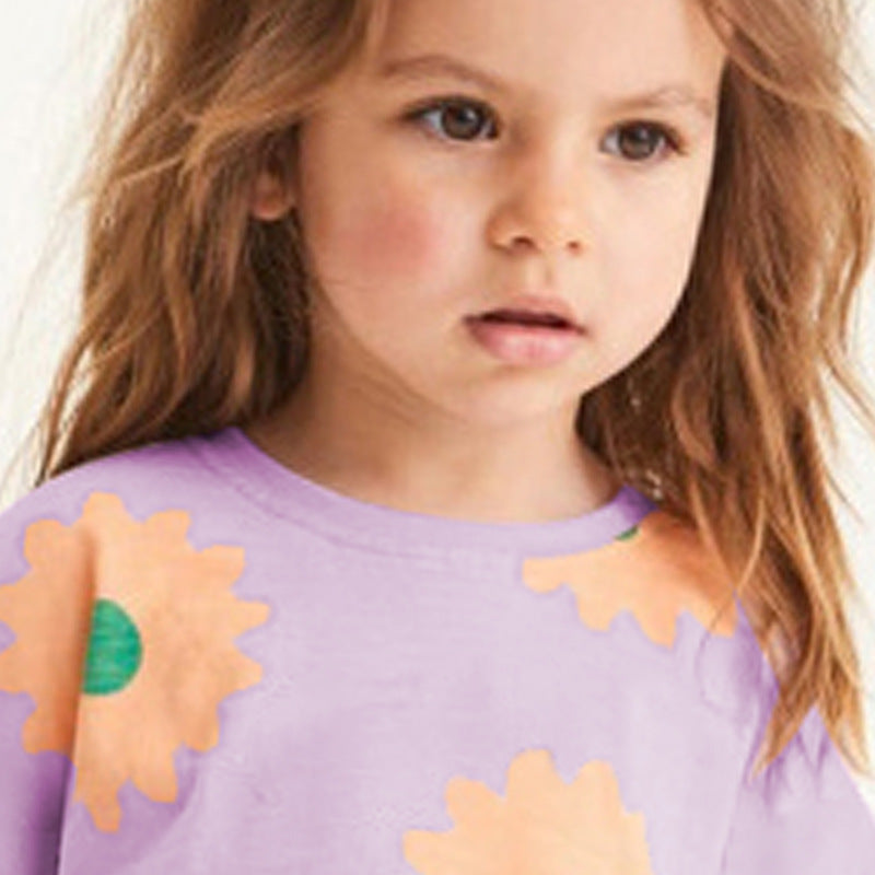 A vibrant Baby Girl Flower Graphic Short Sleeve Summer Set featuring a floral design in purple cotton, perfect for summer wear.